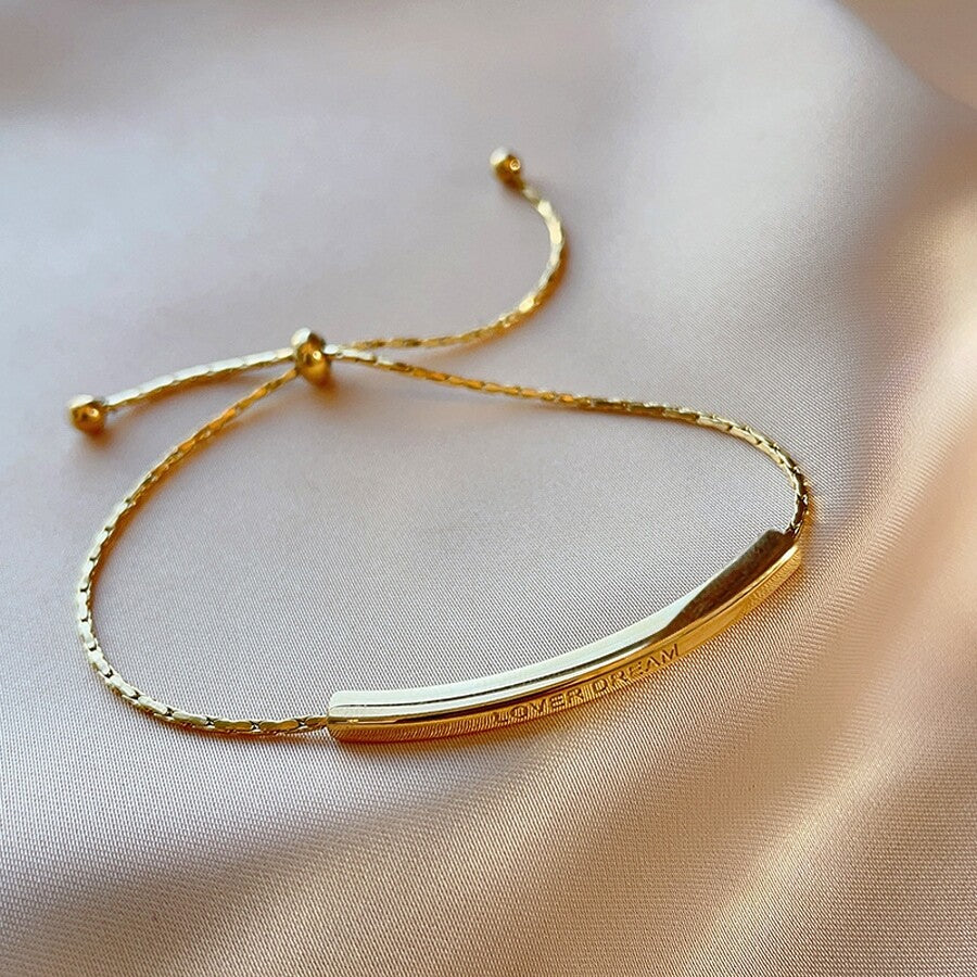 Gold Plated Stainless Steel Curved Tube Charm Bracelet – Adjustable Pull Cord Design for Daily Wear