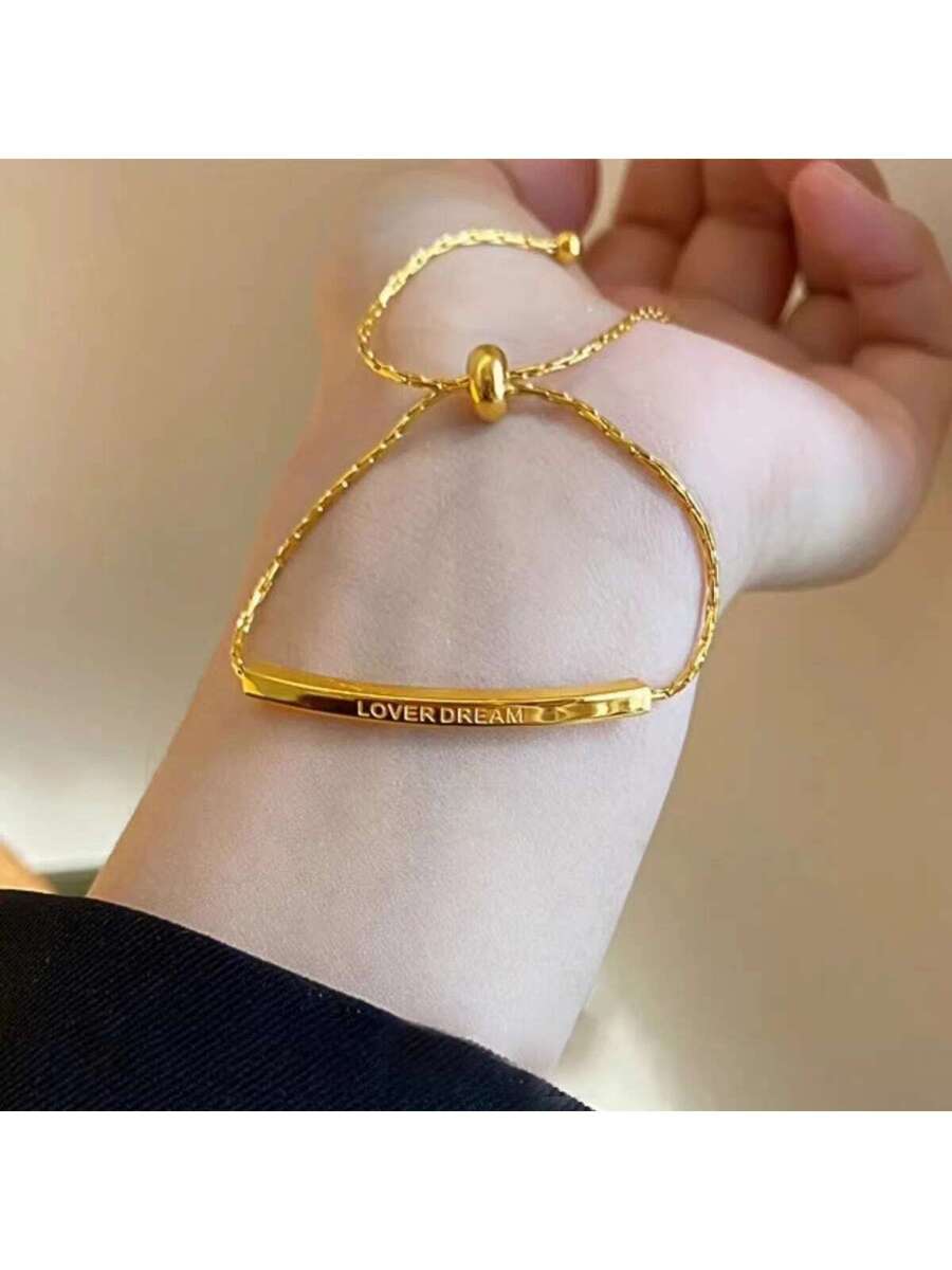Gold Plated Stainless Steel Curved Tube Charm Bracelet – Adjustable Pull Cord Design for Daily Wear