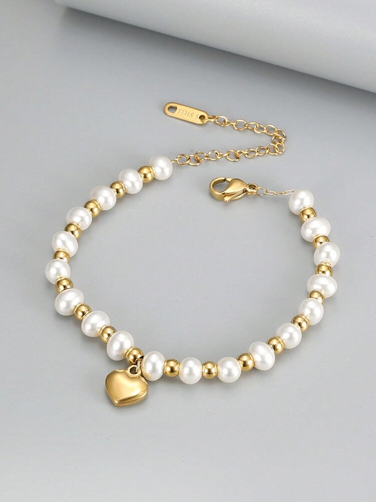 18K Gold-Plated Stainless Steel Bracelet – Faux Pearl & Heart Pendant Chain for Women’s Gifting