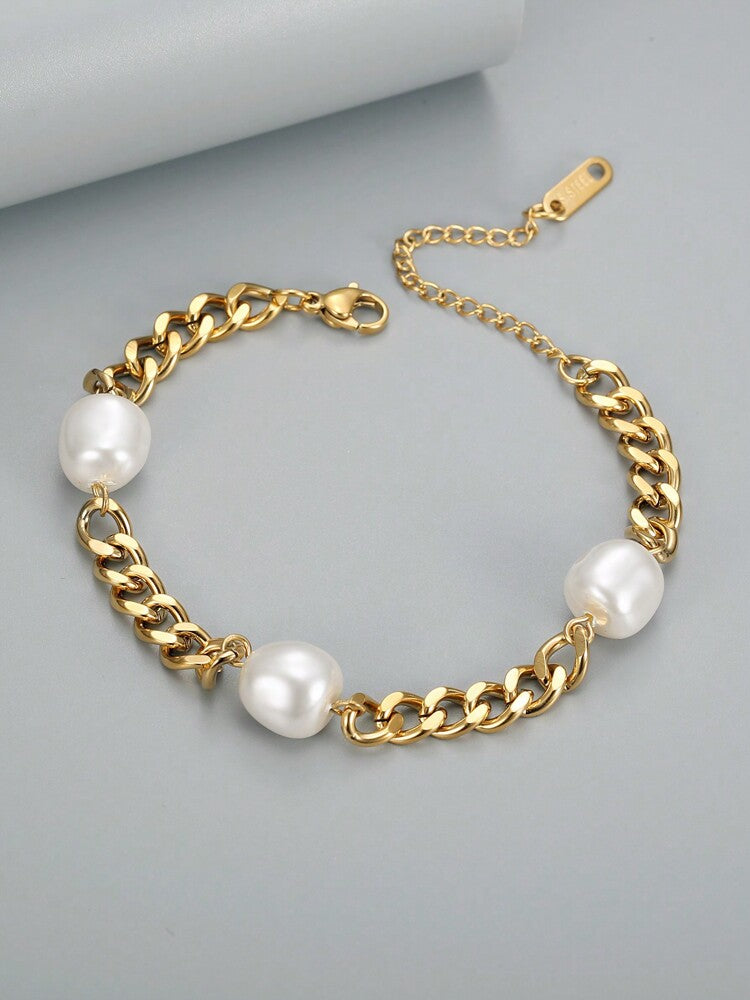 18K Gold-Plated Stainless Steel Bracelet – Faux Pearl & Heart Pendant Chain for Women’s Gifting