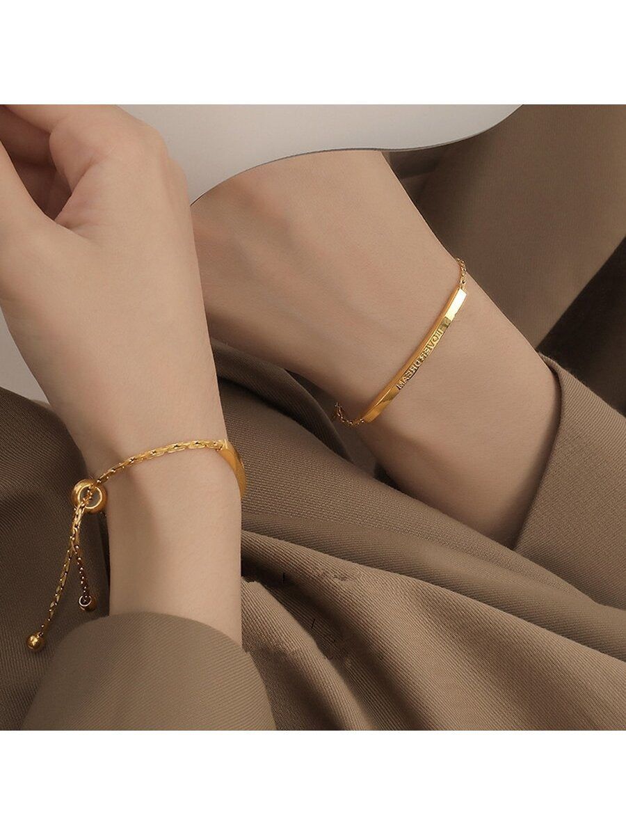 Gold Plated Stainless Steel Curved Tube Charm Bracelet – Adjustable Pull Cord Design for Daily Wear