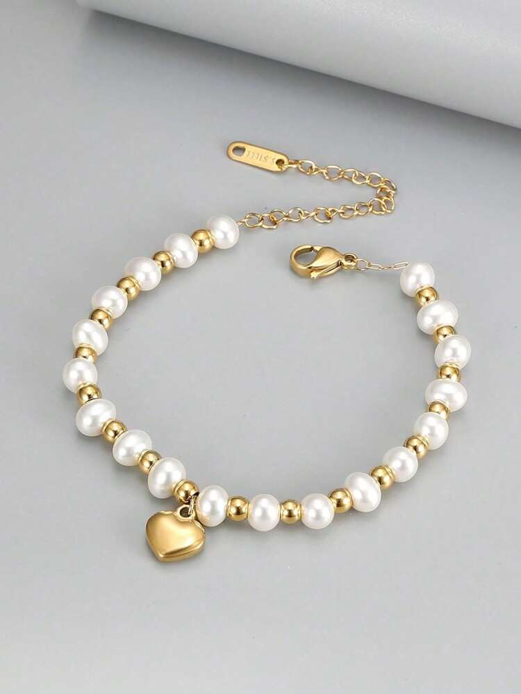 18K Gold-Plated Stainless Steel Bracelet – Faux Pearl & Heart Pendant Chain for Women’s Gifting