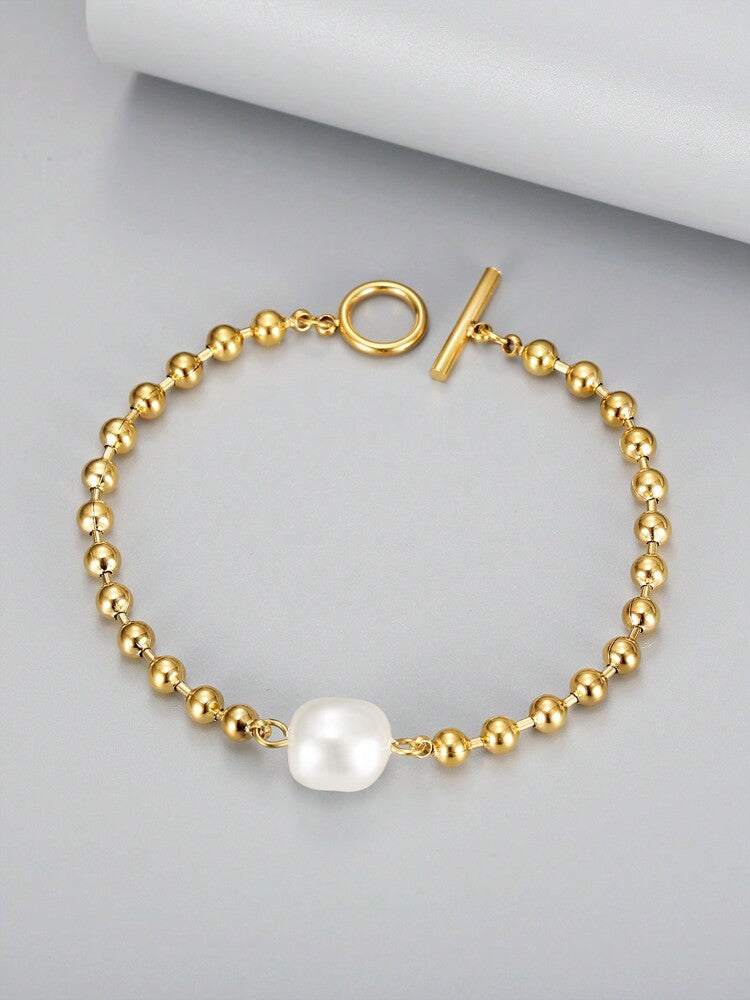 18K Gold-Plated Stainless Steel Bracelet – Faux Pearl & Heart Pendant Chain for Women’s Gifting