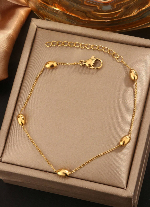 Minimalist 18K Gold Plated Stainless Steel Bracelet with Elliptical Beads Stylish Gift for Women & Mothers