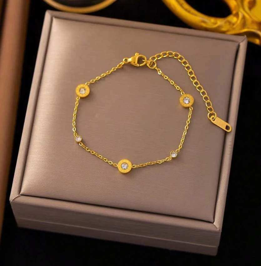 1pc Gold-Tone Stainless Steel Cubic Zirconia Roman Numeral Beaded Bracelet for Women & Couples Daily Party