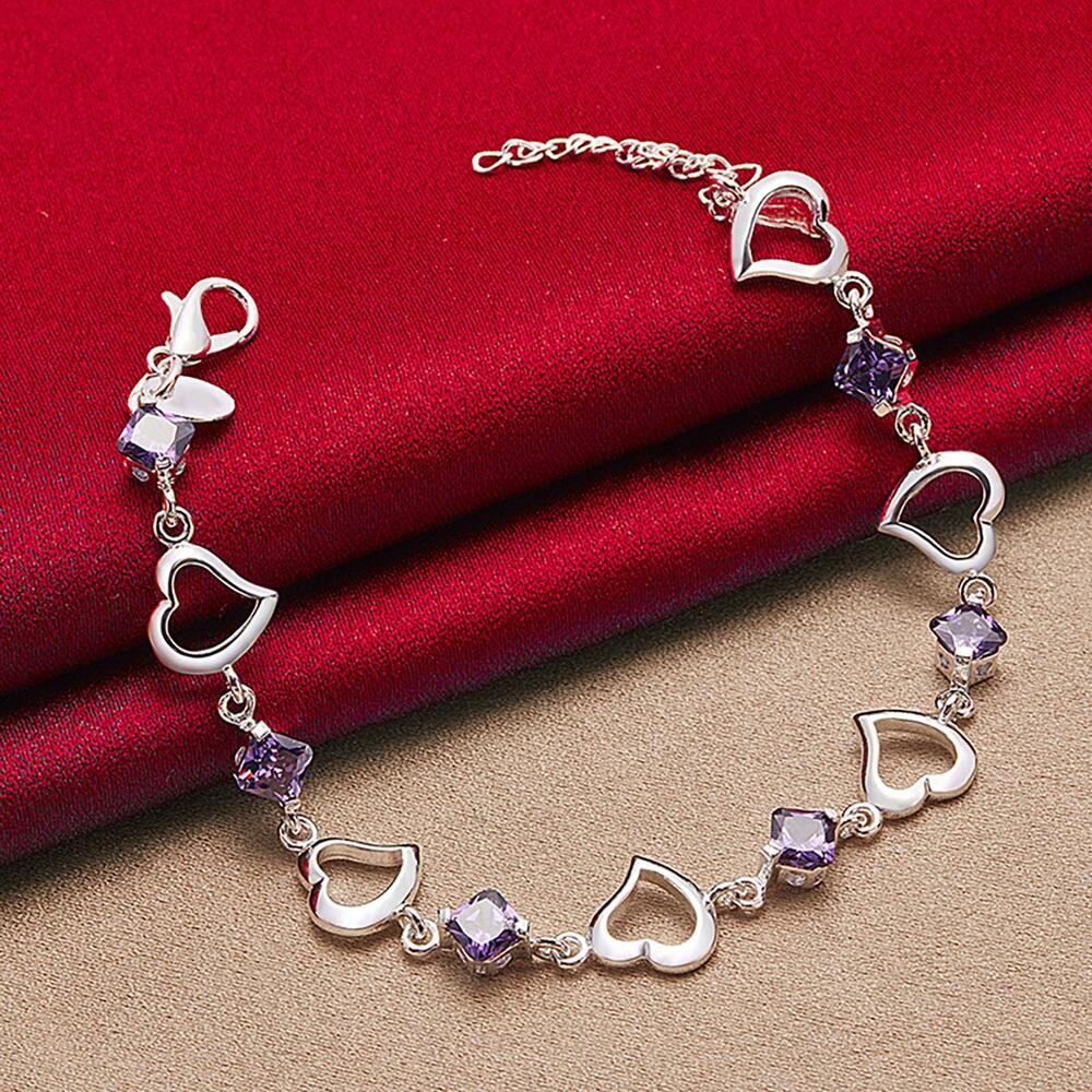 Silver Plated Heart Bracelet – Purple AAA Cubic Zirconia Jewelry for Women’s Fashion & Gifting