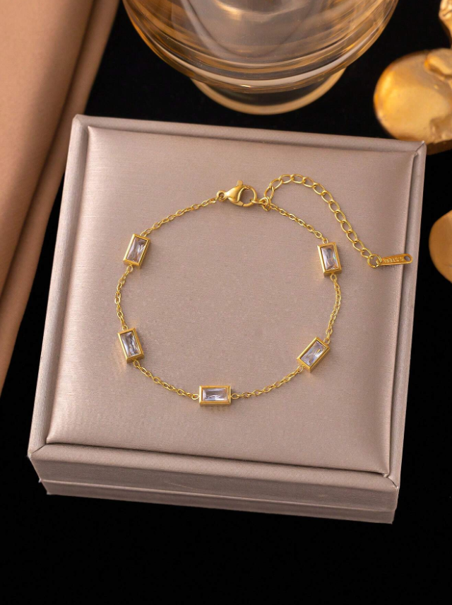 1pc Chain Link Square Cubic Zirconia Bracelet Luxury Fashion Women’s Jewelry Gift Accessory