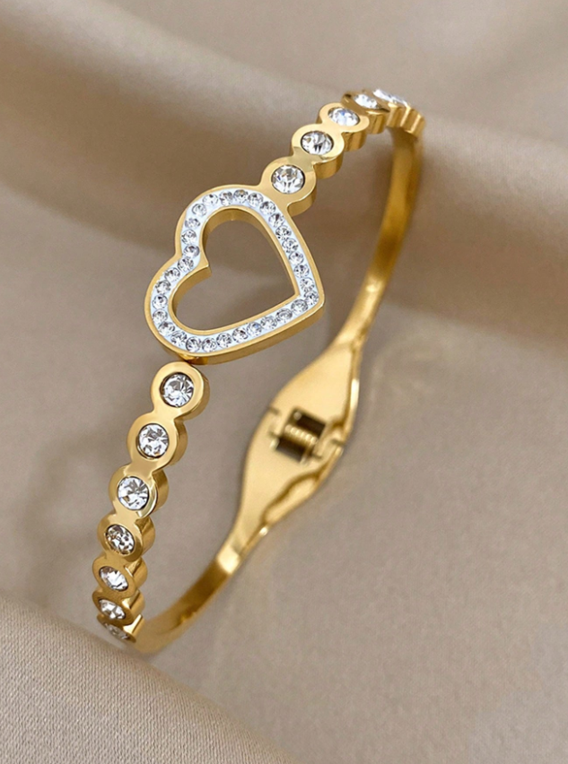 1pc Heart Rhinestone Gold Hollow Stainless Steel Bracelet Elegant Shiny Jewelry for Women Party Wedding Gift