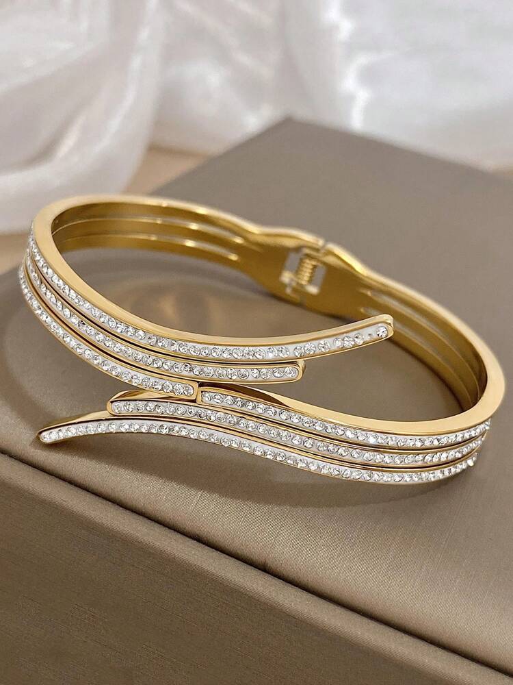 Gold Stainless Steel Bangle – Stackable CZ Rhinestone Cuff Bracelet for Women’s Daily & Party Wear