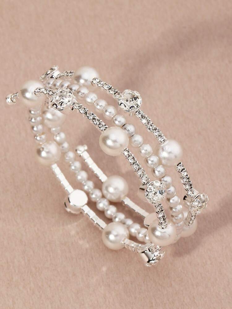 Girls' Elegant Rhinestone Pearl Bangle – Faux Pearl Luxury Bracelet for Kids
