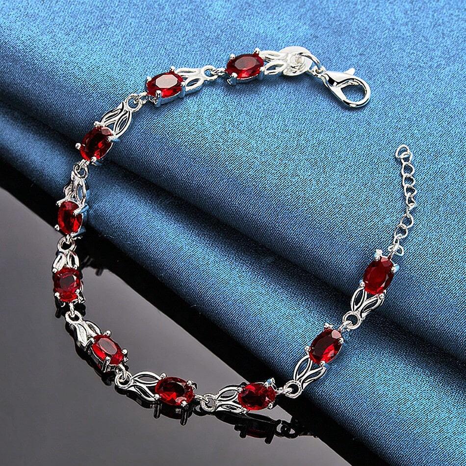 925 Sterling Silver Red Zirconia Bracelet – Elegant Simple Jewelry for Women’s Daily Wear & Parties