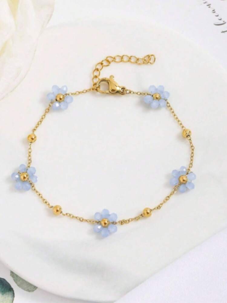 Fashionable Stainless Steel Bracelet With Blue Floral Design, Elegant Jewelry For Women, Perfect For Dates And Parties