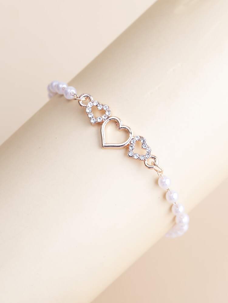 Elegant Heart-Shaped Rhinestone & Faux Pearl Chain Bracelet – Minimalist Versatile Jewelry For Women’s Daily Wear Or Gift