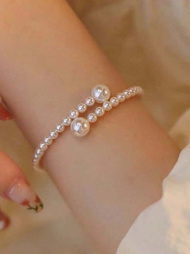 Elegant Adjustable Imitation Pearl Beaded Bracelet With Geometric Design, Vintage-Style Open Bangle For Daily Wear, Parties, And Travel
