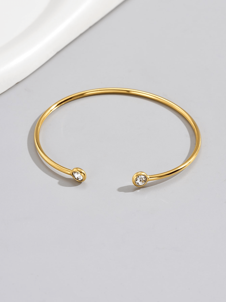 Japanese Korean Style Open Stainless Steel Bracelet With Two Diamond Accents, Simple Light Luxury Jewelry For Women, Perfect For Daily Wear