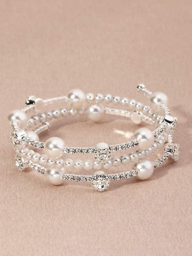 Girls' Elegant Rhinestone Pearl Bangle – Faux Pearl Luxury Bracelet for Kids