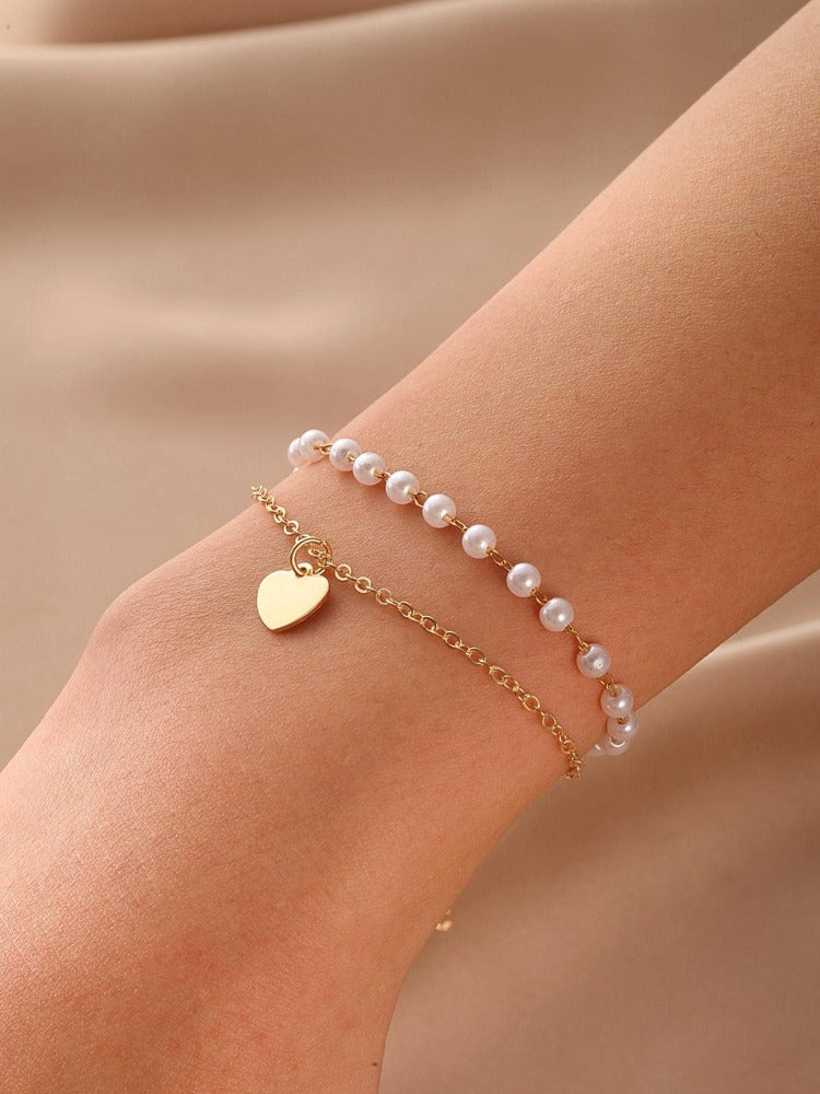 Faux Pearl Decor Heart Charm Bracelet – Elegant Jewelry For Women, Perfect Gift For Mom Or Valentine’s Day