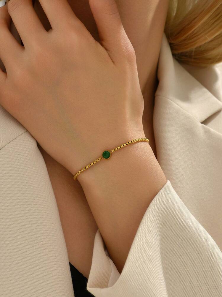 18K Gold Plated Stainless Steel Bracelet With Green Stone, Minimalist Lucky Charm Jewelry For Women, Perfect For Daily Wear, Gifts For Mom, Sister, Or Valentine’s Day