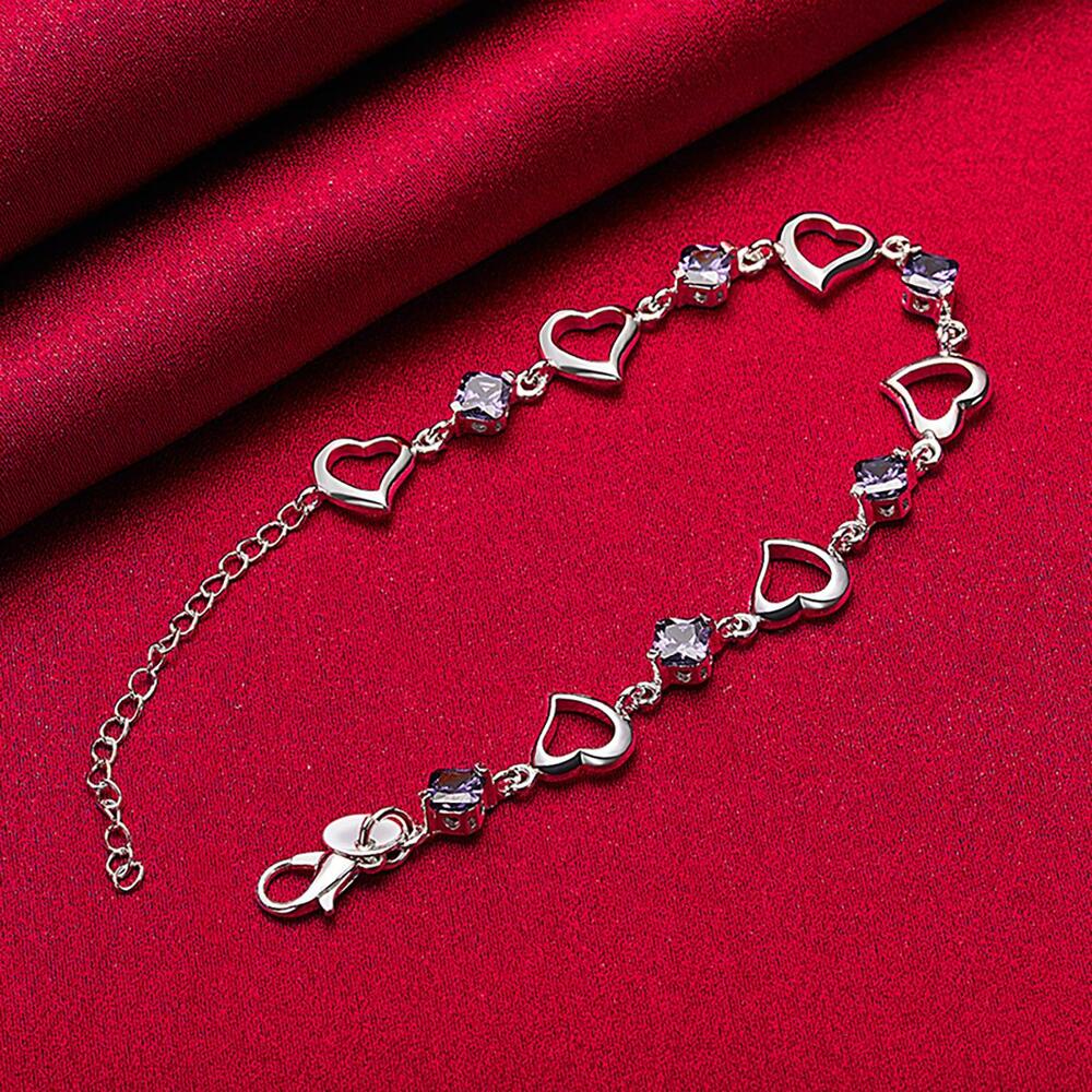 Silver Plated Heart Bracelet – Purple AAA Cubic Zirconia Jewelry for Women’s Fashion & Gifting