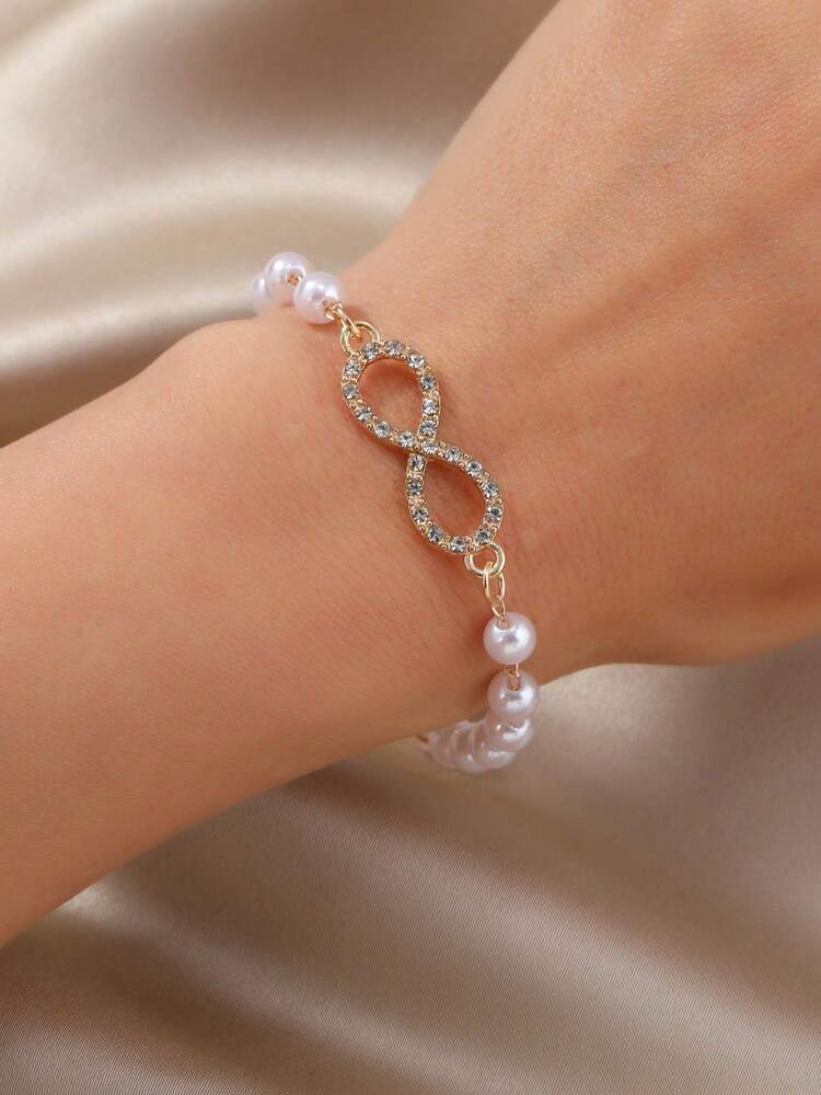Fashion Rhinestone Infinity Symbol Faux Pearl Beaded Bracelet – Elegant Women’s Jewelry For Daily Wear