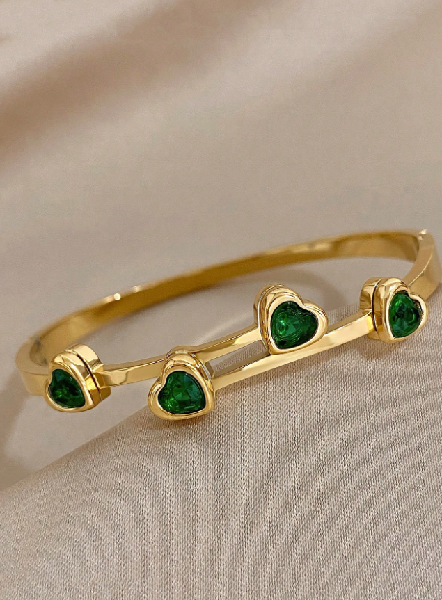 1pc Green Cubic Zirconia Heart Stainless Steel Cuff Bracelet Women’s Jewelry Christmas Party Gift