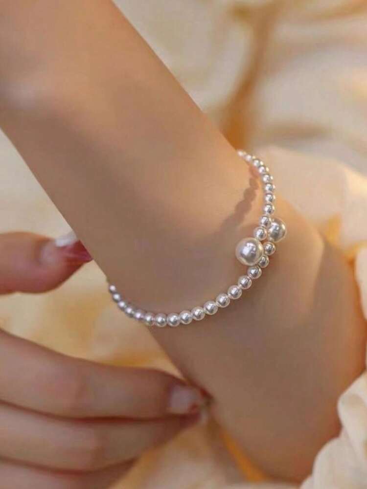 Elegant Adjustable Imitation Pearl Beaded Bracelet With Geometric Design, Vintage-Style Open Bangle For Daily Wear, Parties, And Travel
