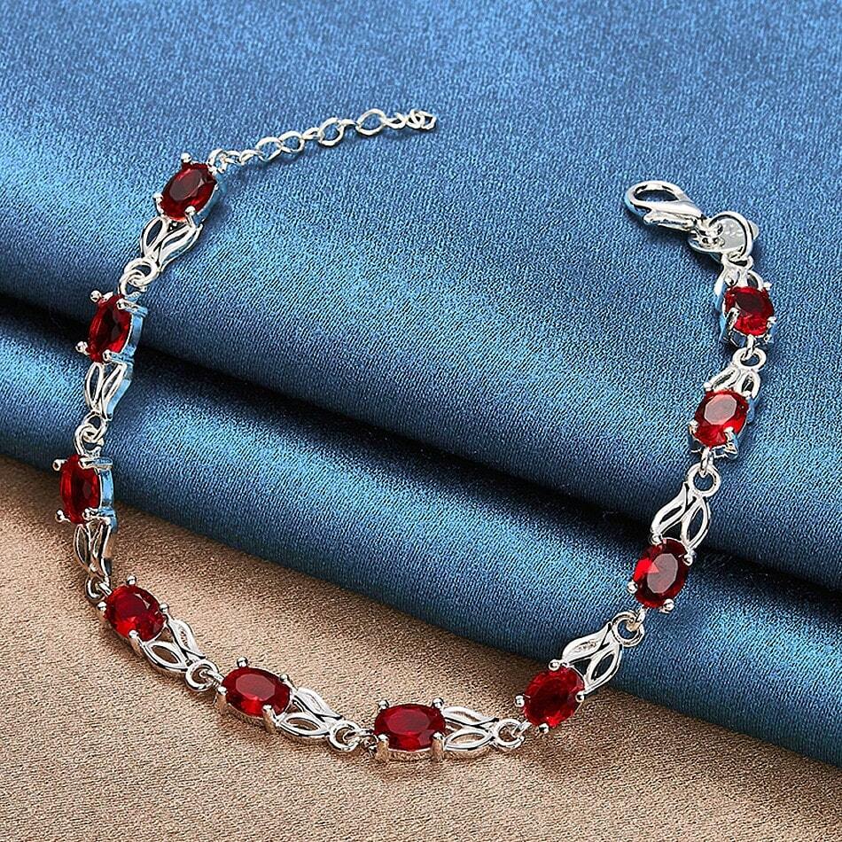 925 Sterling Silver Red Zirconia Bracelet – Elegant Simple Jewelry for Women’s Daily Wear & Parties