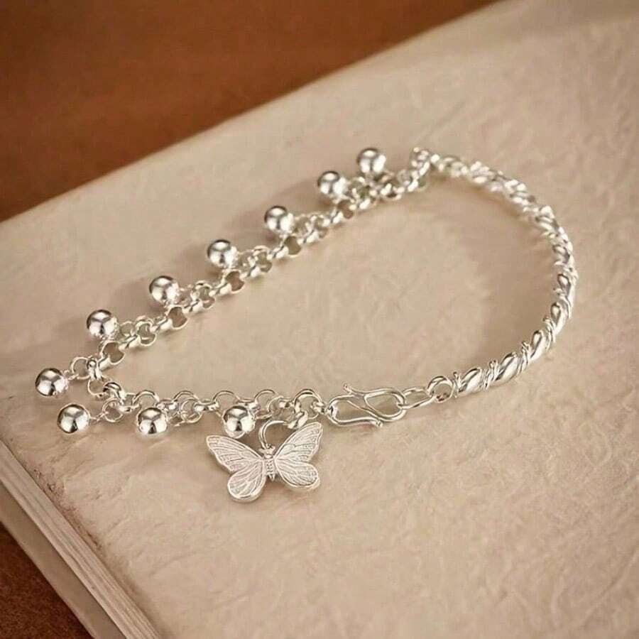 925 Silver Plated Butterfly Bell Bracelet – Cute Dainty Jewelry for Daily Wear, Vacation & Parties