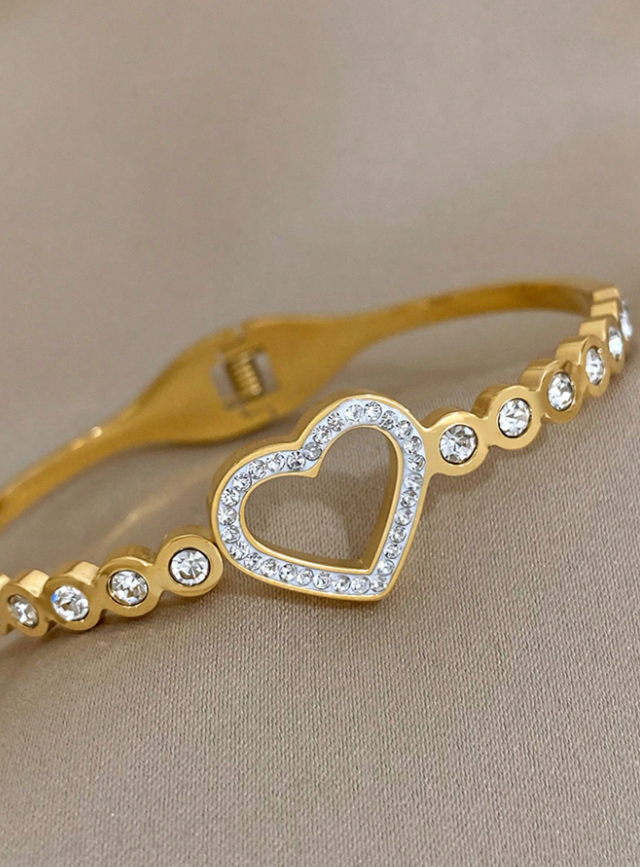 1pc Heart Rhinestone Gold Hollow Stainless Steel Bracelet Elegant Shiny Jewelry for Women Party Wedding Gift