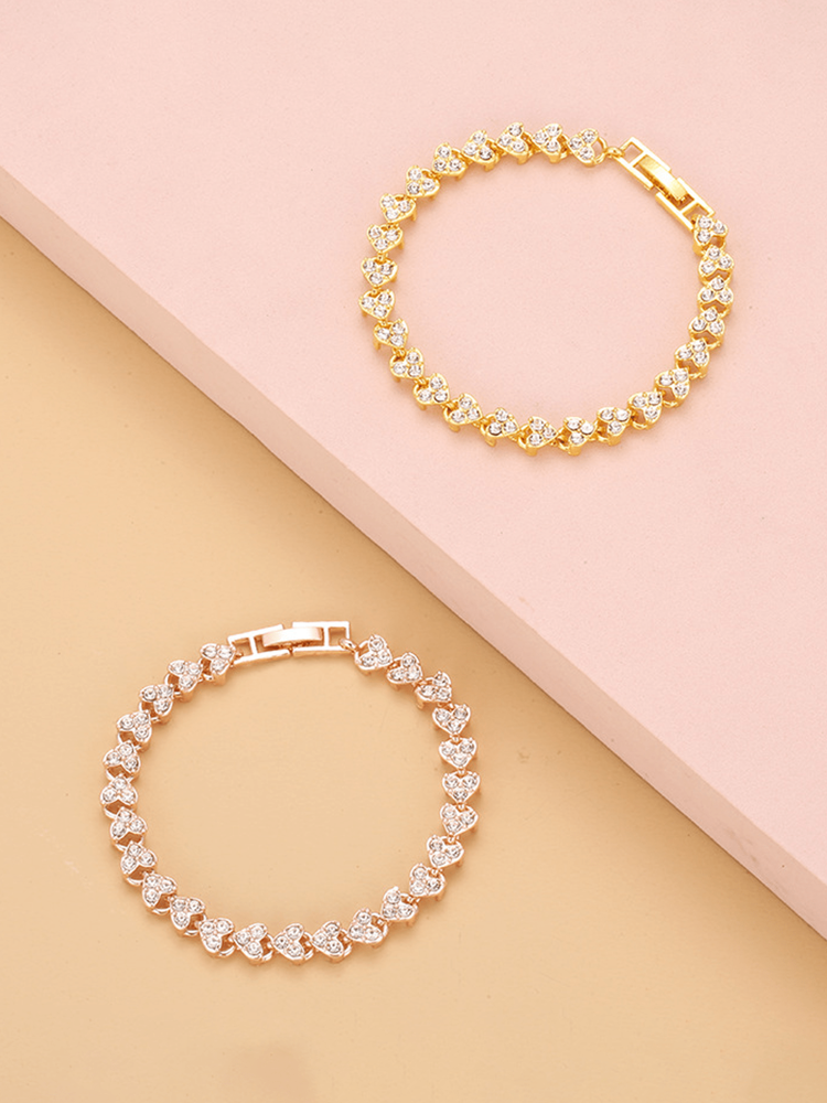 2-Color Heart Crystal Cuff Bracelet – Diamond Plated Gold & Silver Bangle for Women/Girls