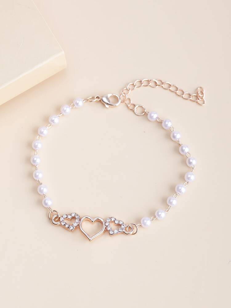 Elegant Heart-Shaped Rhinestone & Faux Pearl Chain Bracelet – Minimalist Versatile Jewelry For Women’s Daily Wear Or Gift