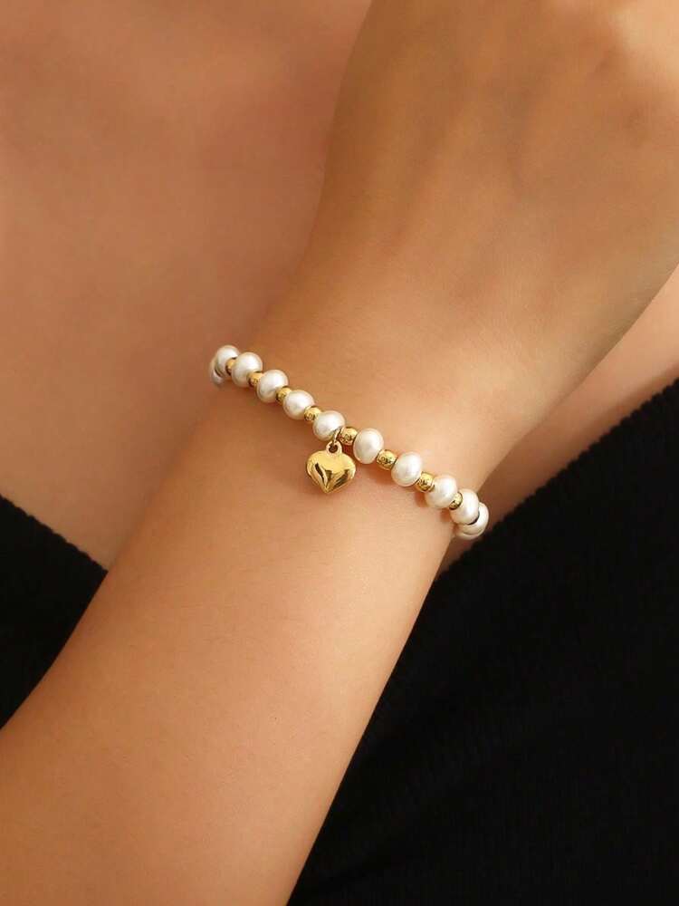 18K Gold-Plated Stainless Steel Bracelet – Faux Pearl & Heart Pendant Chain for Women’s Gifting