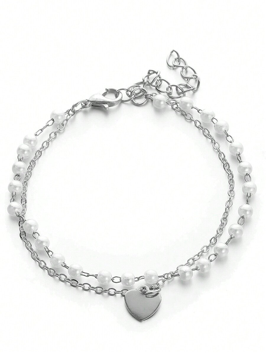 Faux Pearl Decor Heart Charm Bracelet – Elegant Jewelry For Women, Perfect Gift For Mom Or Valentine’s Day