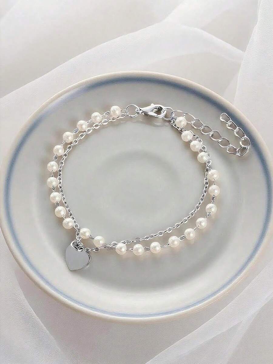Faux Pearl Decor Heart Charm Bracelet – Elegant Jewelry For Women, Perfect Gift For Mom Or Valentine’s Day