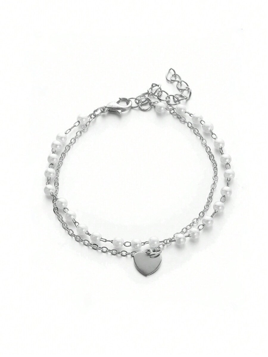 Faux Pearl Decor Heart Charm Bracelet – Elegant Jewelry For Women, Perfect Gift For Mom Or Valentine’s Day