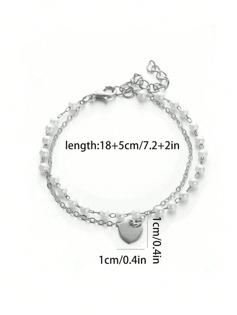 Faux Pearl Decor Heart Charm Bracelet – Elegant Jewelry For Women, Perfect Gift For Mom Or Valentine’s Day