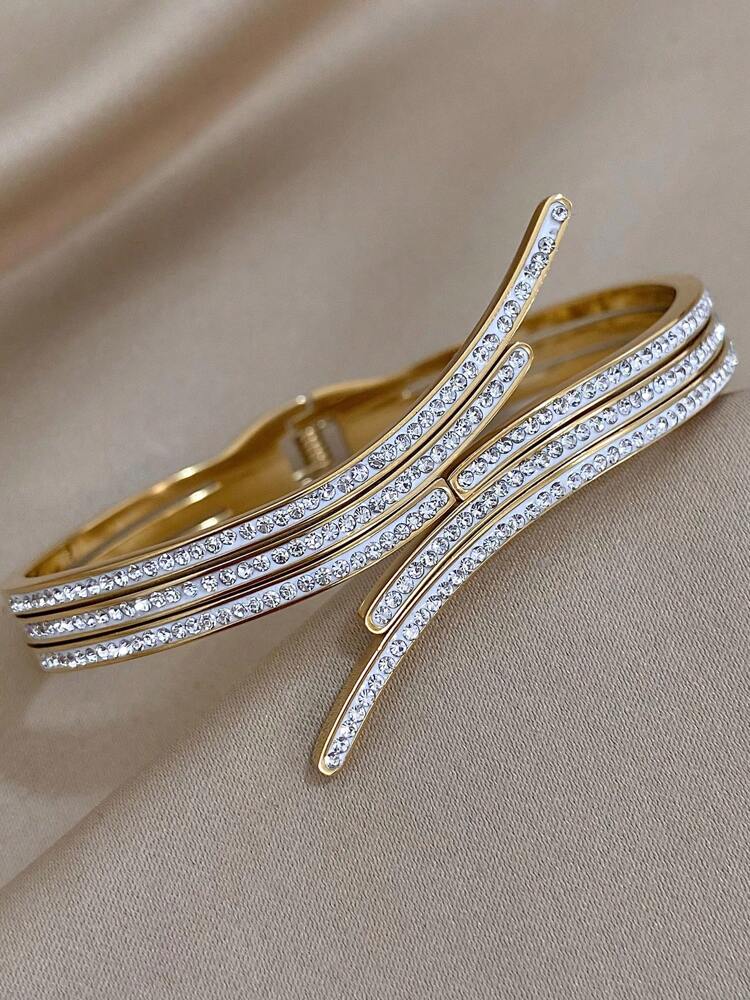 Gold Stainless Steel Bangle – Stackable CZ Rhinestone Cuff Bracelet for Women’s Daily & Party Wear