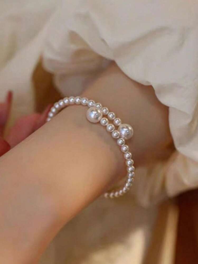 Elegant Adjustable Imitation Pearl Beaded Bracelet With Geometric Design, Vintage-Style Open Bangle For Daily Wear, Parties, And Travel