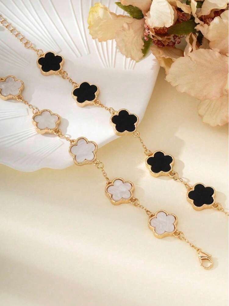 2pcs Black & White Clover Bracelet Set – Classic Fashion Jewelry for Women & Girls