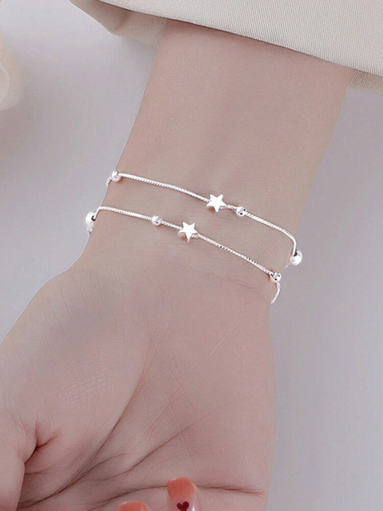Minimalist Double Layer Star Bracelet – Dainty Lucky Bead Design with Lobster & Round Clasp