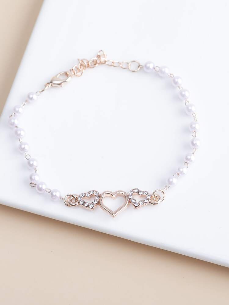 Elegant Heart-Shaped Rhinestone & Faux Pearl Chain Bracelet – Minimalist Versatile Jewelry For Women’s Daily Wear Or Gift
