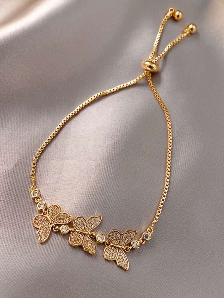 14K Gold-Plated Butterfly Bracelet – Adjustable Rhinestone Luxury Jewelry for Women’s Fashion