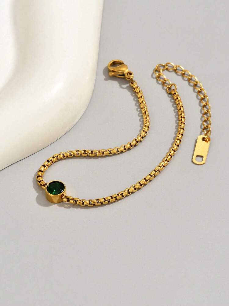 18K Gold Plated Stainless Steel Bracelet With Green Stone, Minimalist Lucky Charm Jewelry For Women, Perfect For Daily Wear, Gifts For Mom, Sister, Or Valentine’s Day