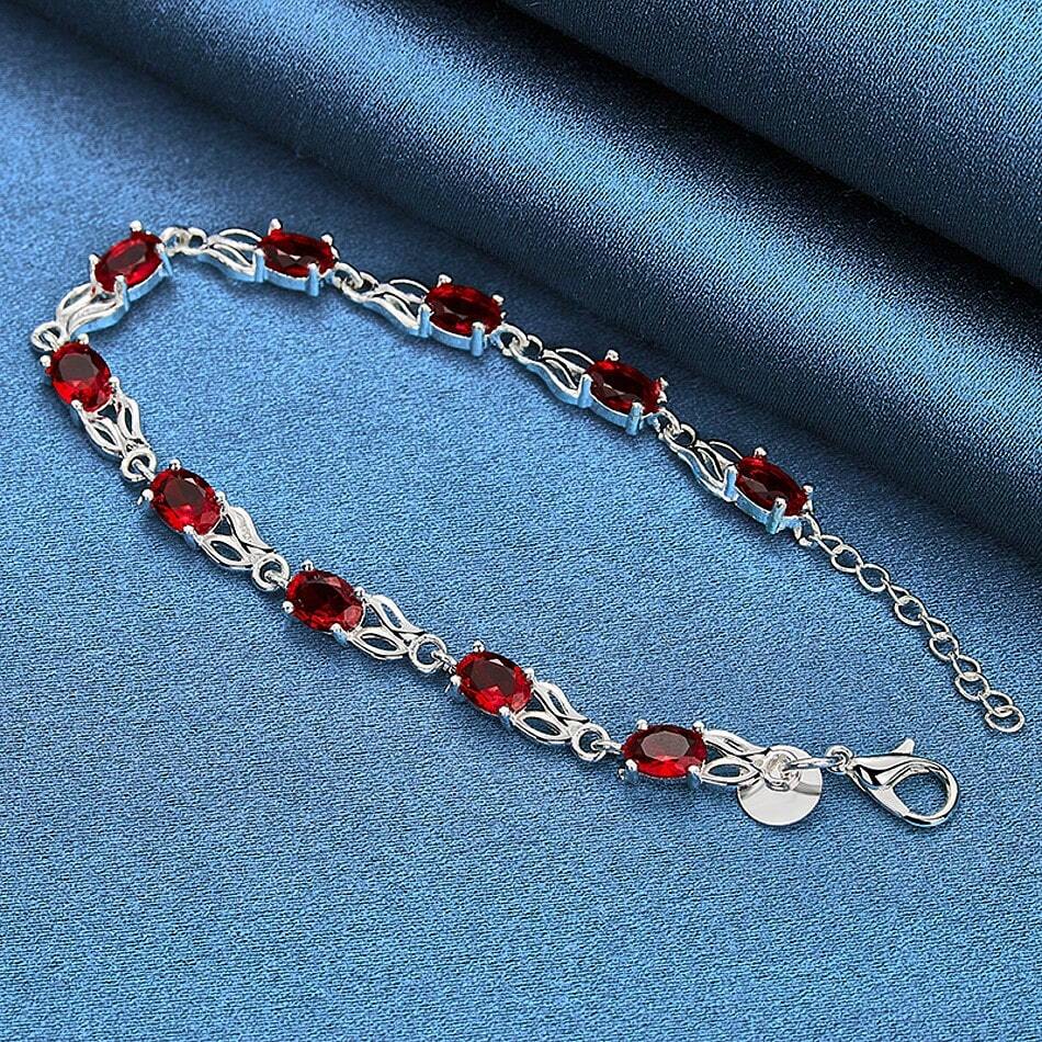 925 Sterling Silver Red Zirconia Bracelet – Elegant Simple Jewelry for Women’s Daily Wear & Parties