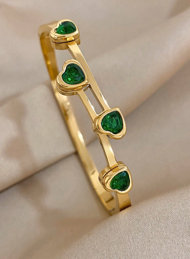 1pc Green Cubic Zirconia Heart Stainless Steel Cuff Bracelet Women’s Jewelry Christmas Party Gift