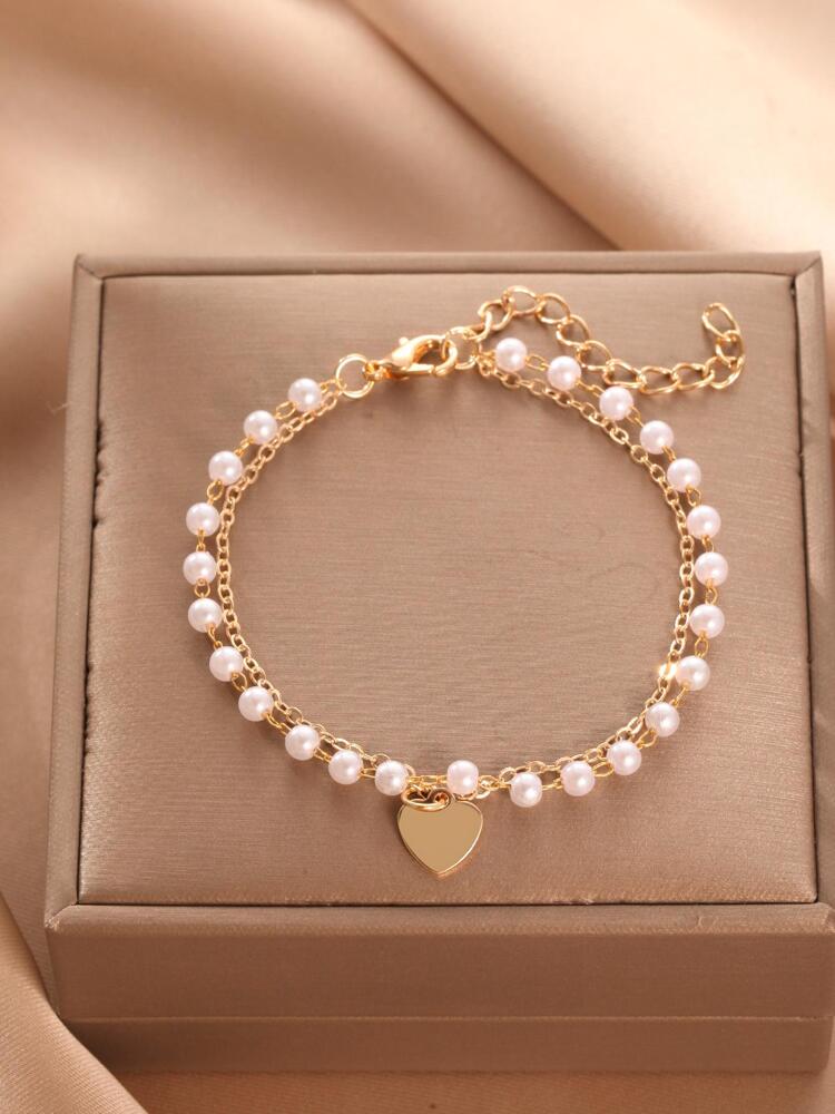 Faux Pearl Decor Heart Charm Bracelet – Elegant Jewelry For Women, Perfect Gift For Mom Or Valentine’s Day