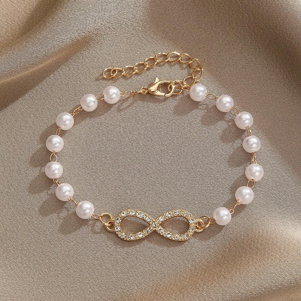 Fashion Rhinestone Infinity Symbol Faux Pearl Beaded Bracelet – Elegant Women’s Jewelry For Daily Wear