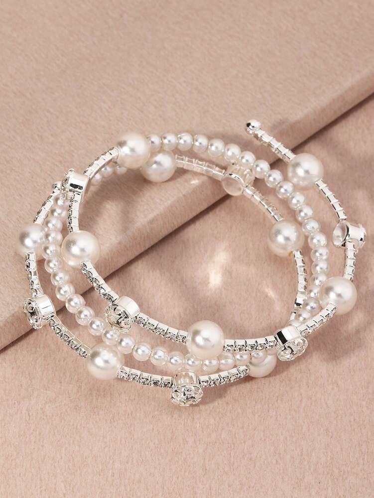Girls' Elegant Rhinestone Pearl Bangle – Faux Pearl Luxury Bracelet for Kids