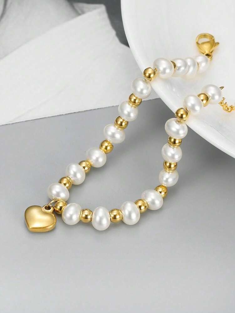 18K Gold-Plated Stainless Steel Bracelet – Faux Pearl & Heart Pendant Chain for Women’s Gifting