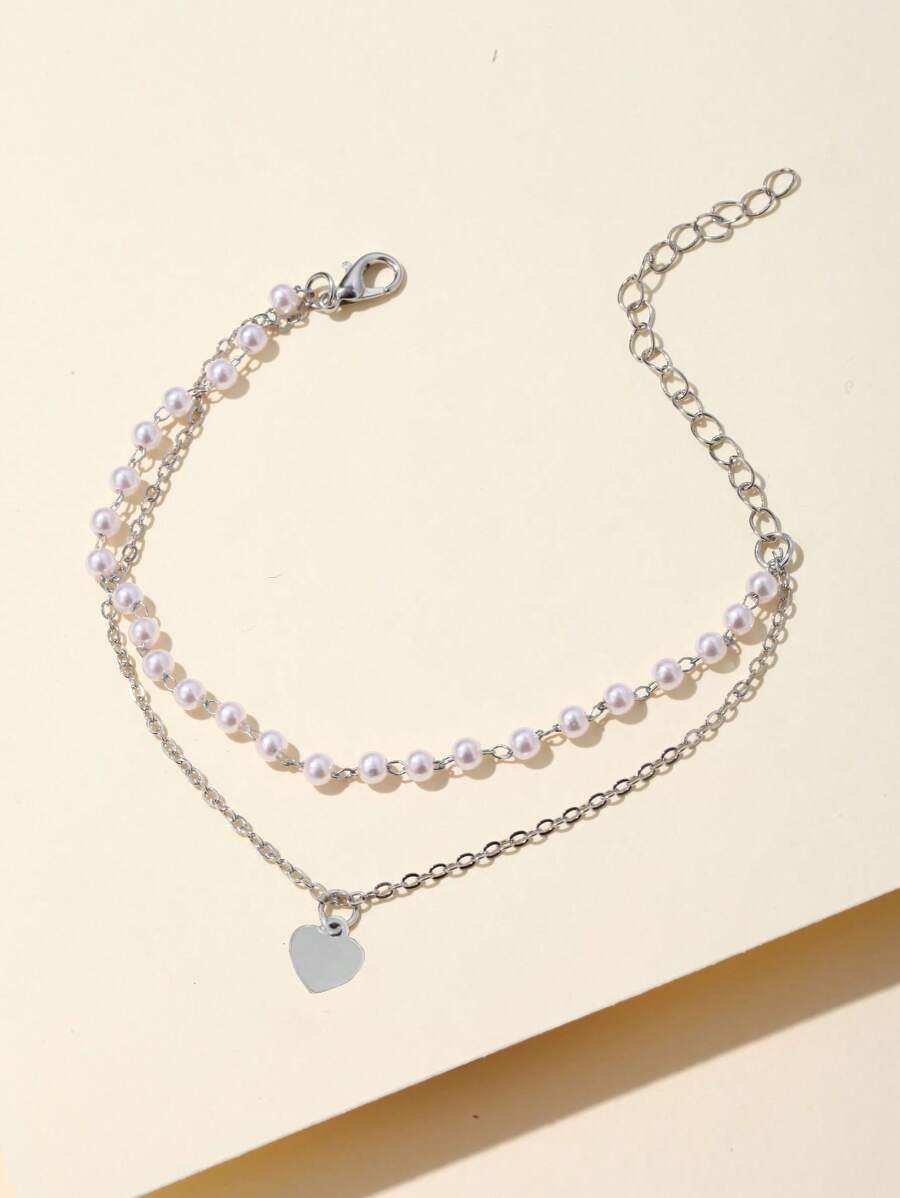 Faux Pearl Decor Heart Charm Bracelet – Elegant Jewelry For Women, Perfect Gift For Mom Or Valentine’s Day